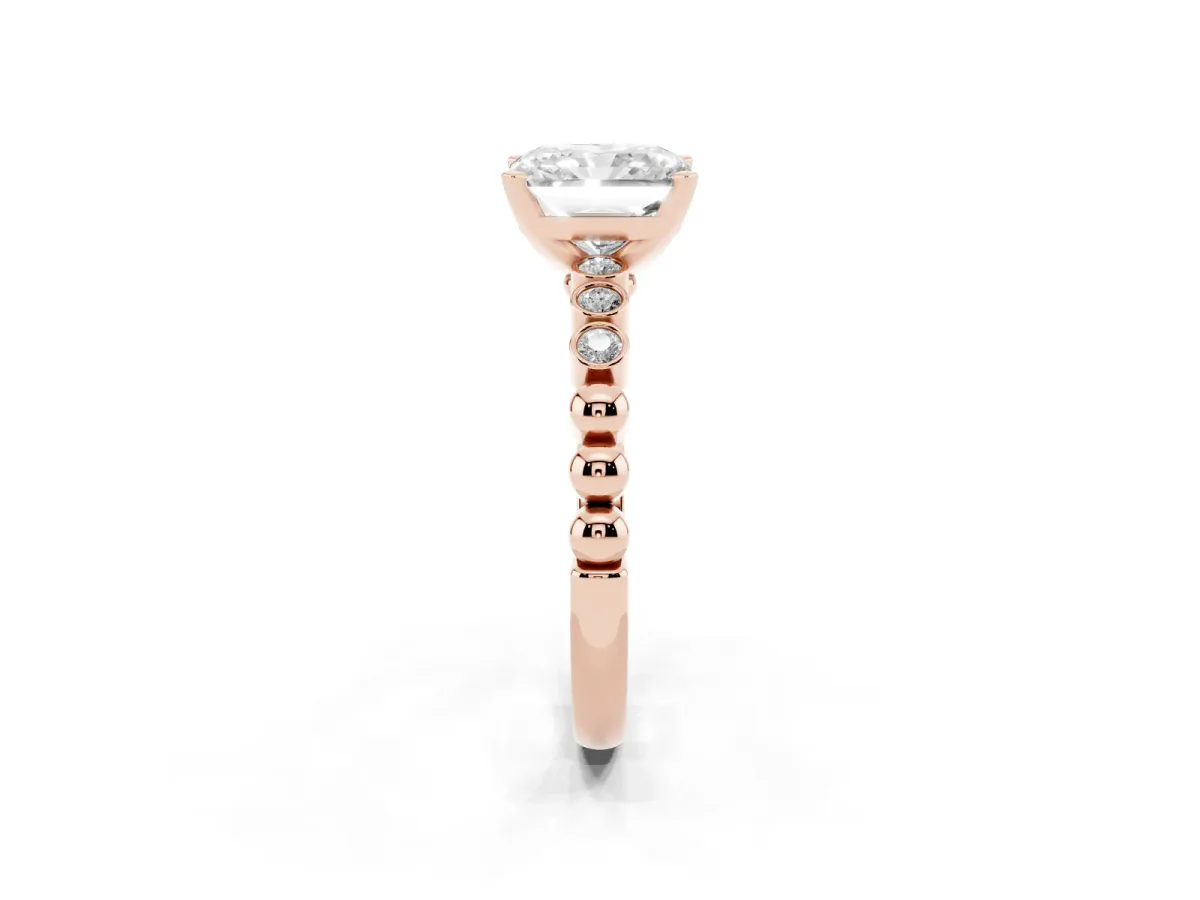 Radiant Cut Solitaire Bezel Accent Diamond Engagement Ring with Beaded Band and Four-Prong Setting Rose gold
