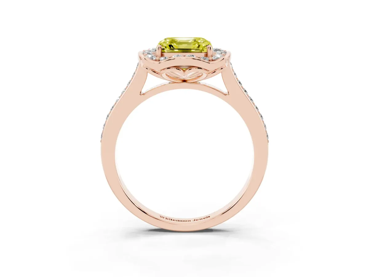 Fancy Yellow Asscher Cut Halo Round Diamond Pave Band with Four-Prong Setting Rose gold