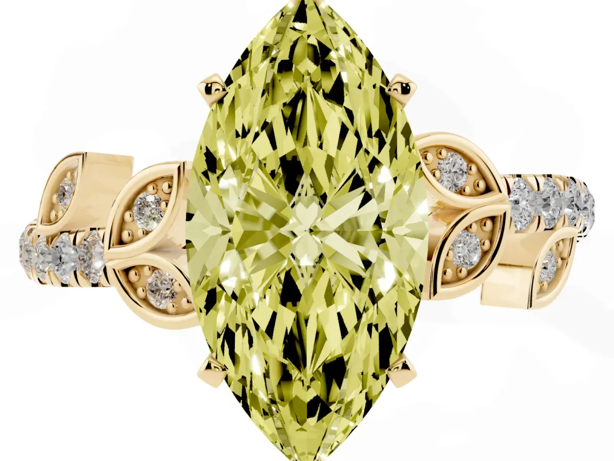 Fancy Yellow Marquise Cut Solitaire Leaf-Inspired Diamond Ring with Pavé Band and Four-Prong Setting Yellow gold