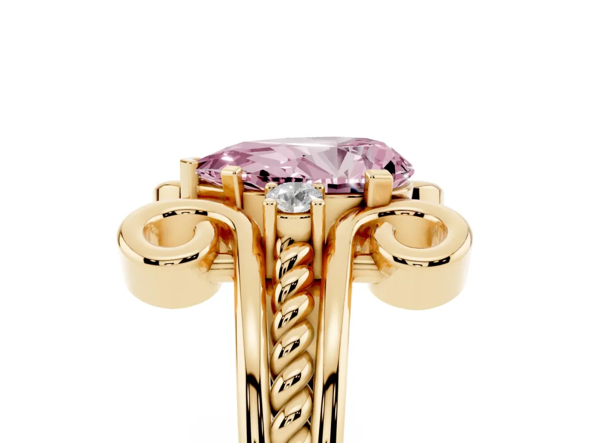 Fancy Pink Pear Cut Solitaire Twisted Band Scroll Prong Ring Yellow gold