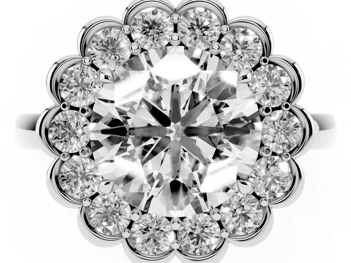Round Cut Halo Cluster Diamond Engagement Ring with Solitaire Band and Prong Setting Silver