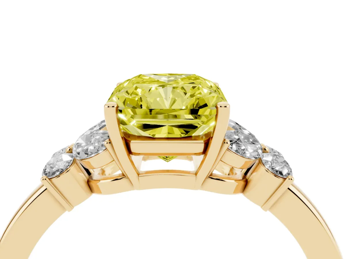 Fancy Yellow Radiant Cut Cut Solitaire Floral Diamond Ring with Four-Prong Setting Yellow gold