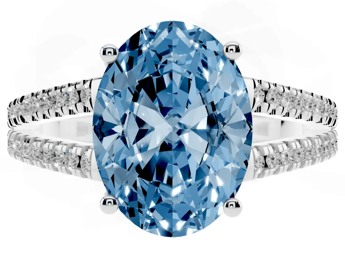 Fancy Blue Oval Cut Diamond Solitaire Engagement Ring with Split Shank Pavé Band Platinum
