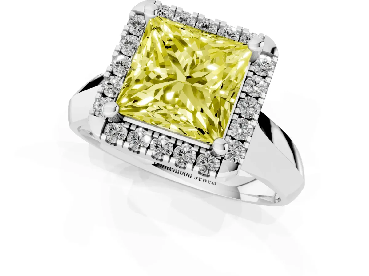 Fancy Yellow Princess Cut Cut Halo Solitaire Engagement Ring with Square Band and Four-Prong Setting Silver