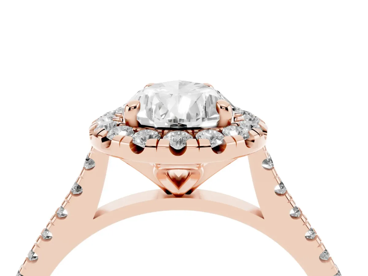 Pear Cut Diamond Cushion Halo Ring with Pavé Band Rose gold