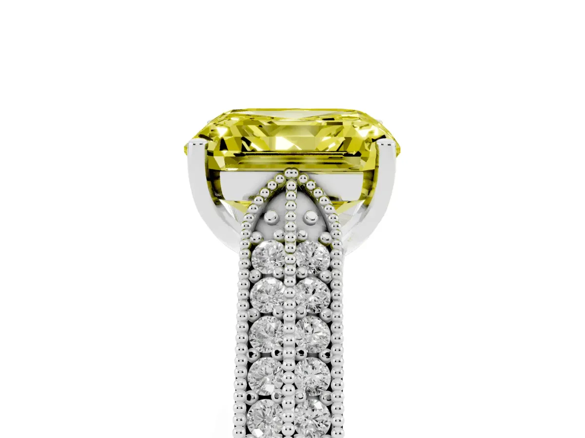 Fancy Yellow Asscher Cut Cut Pave Split Shank Engagement Ring with Four-Prong Setting Platinum