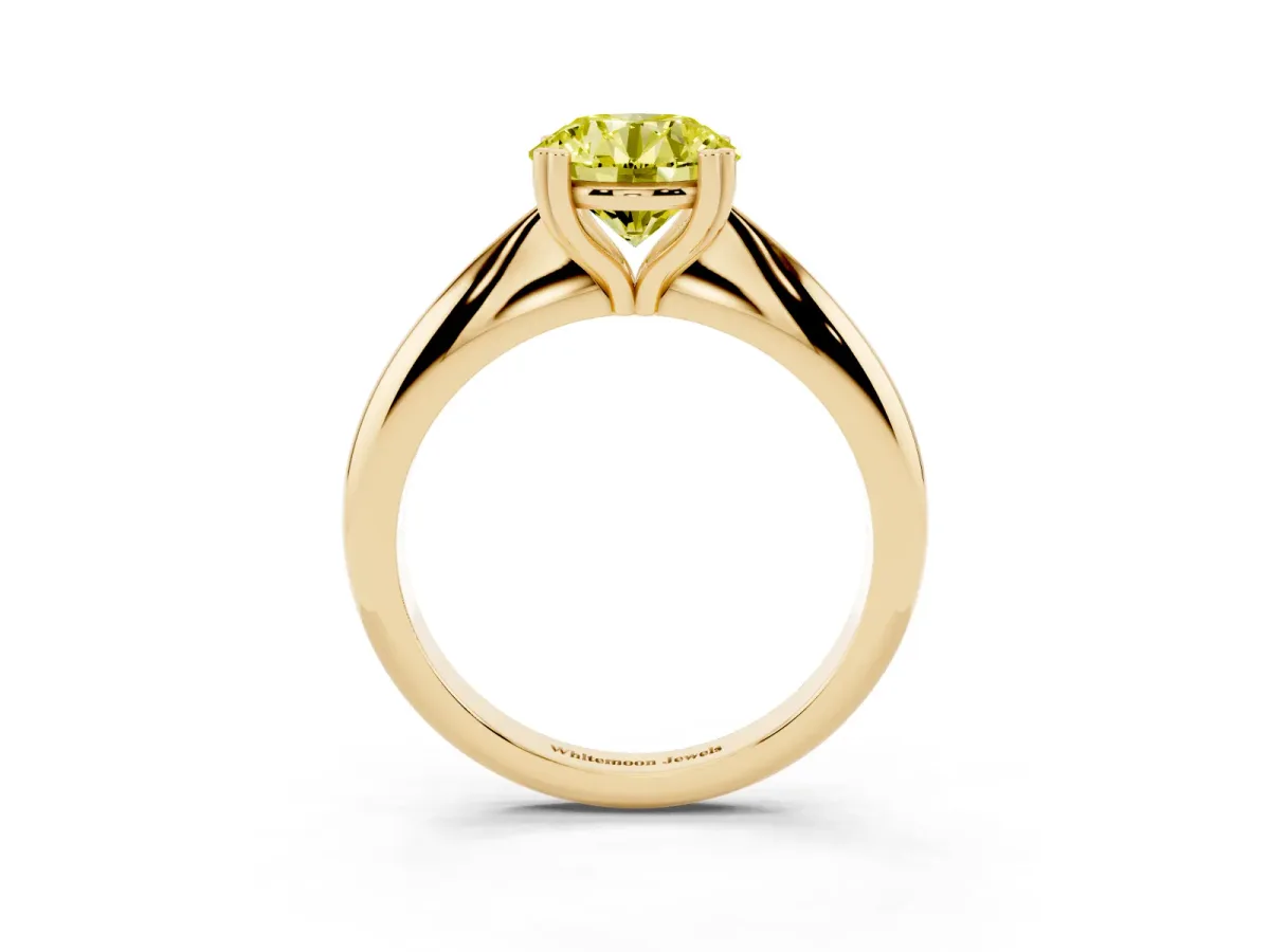Fancy Yellow Round Cut Cut Solitaire Engagement Ring with Tapered Band and Four-Prong Setting Yellow gold