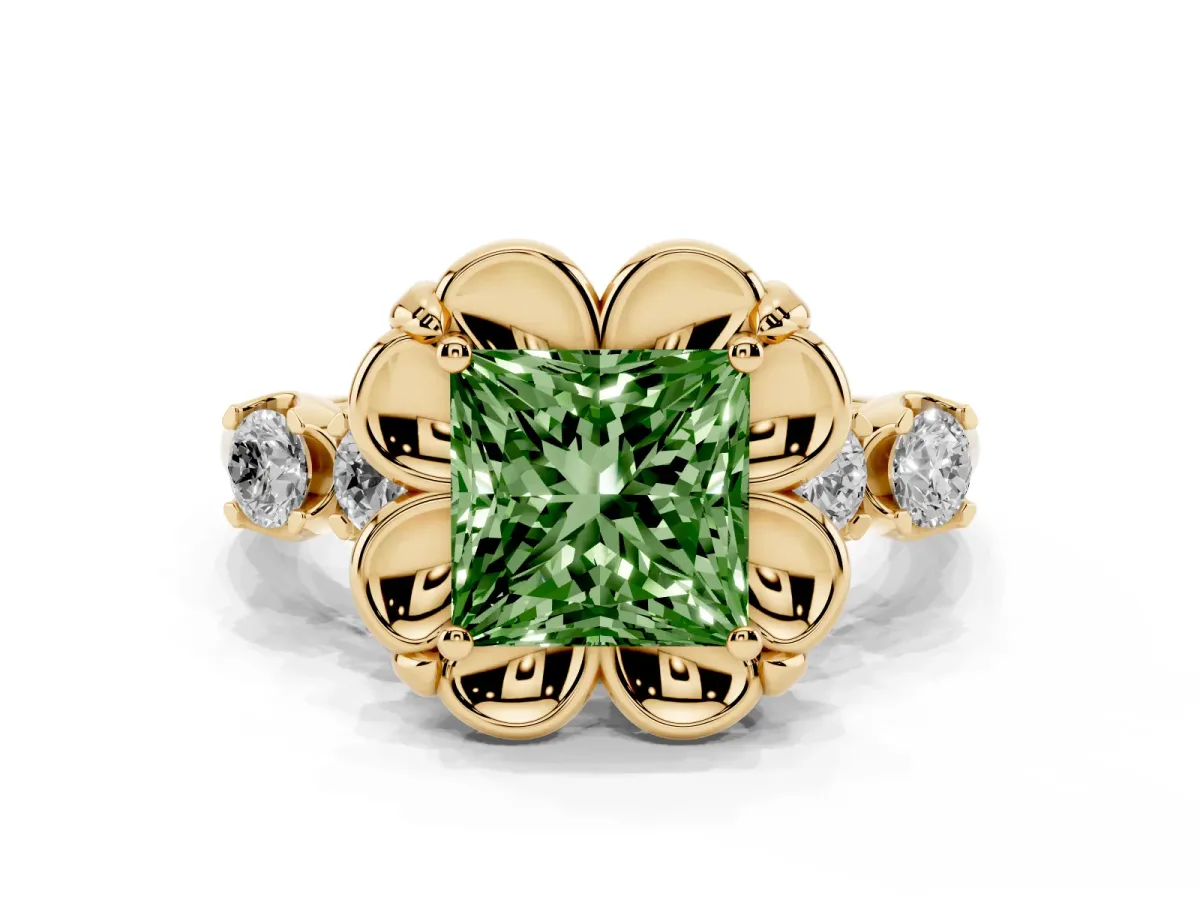 Fancy Green Princess Cut Cut Diamond Floral Halo Engagement Ring with Shared Prong Setting Yellow gold