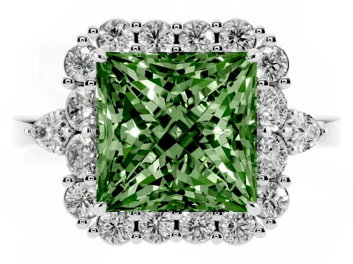 Fancy Green Princess Cut Diamond Halo Ring with Pear Side Stones and Prong Setting Silver
