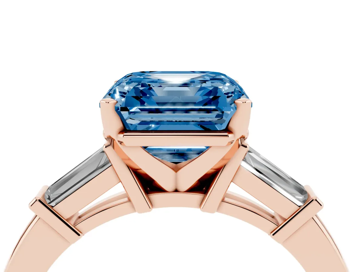 Fancy Blue Asscher Cut Cut Diamond Solitaire Ring with Tapered Baguette Accents and Four-Prong Setting Rose gold