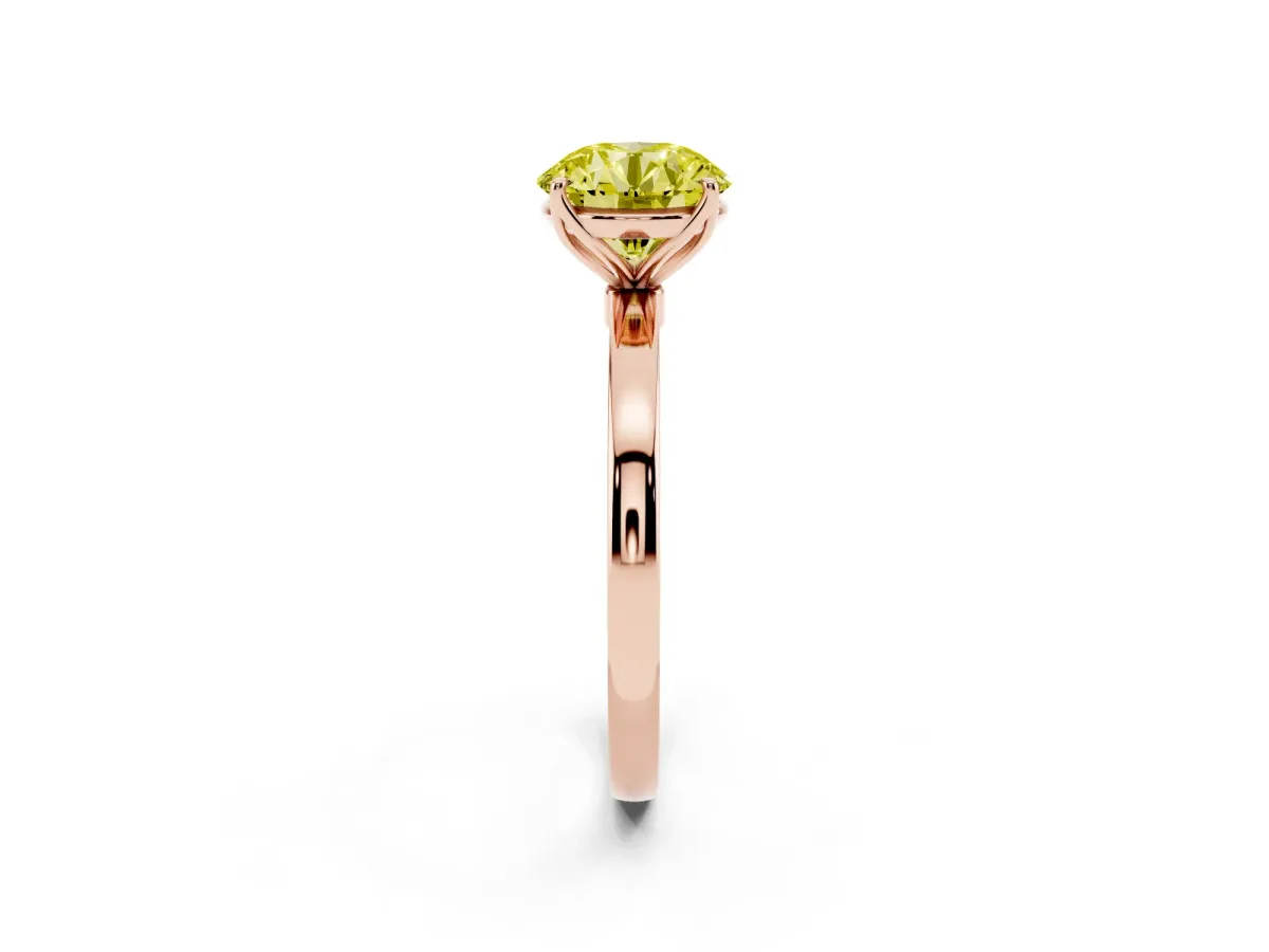 Fancy Yellow Round Cut Diamond Solitaire Ring with Thin Band and Prong Setting Rose gold