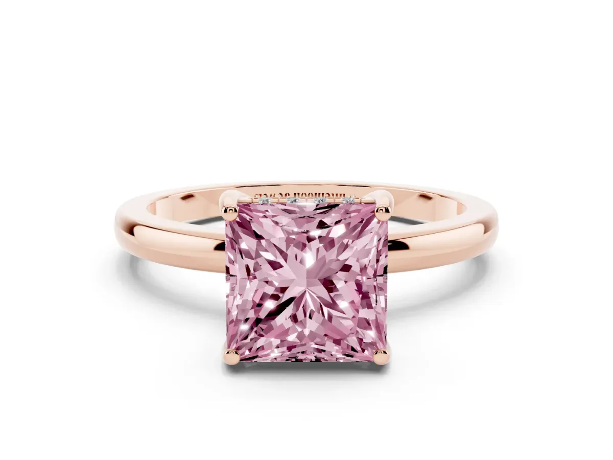 Fancy Pink Princess Cut Solitaire Diamond Ring with Prong Setting and Plain Band Rose gold