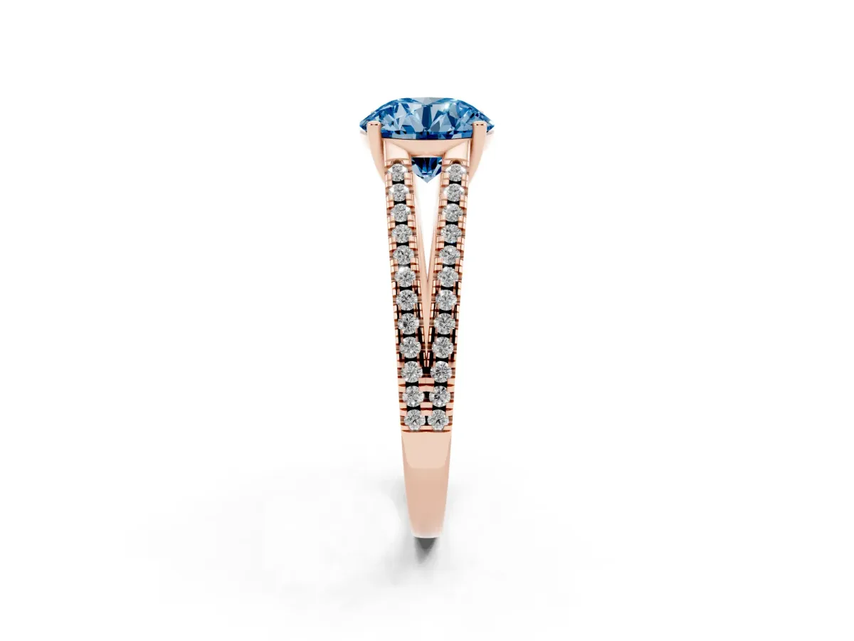 Fancy Blue Round Cut Diamond Solitaire Engagement Ring with Split Shank Pavé Band Rose gold