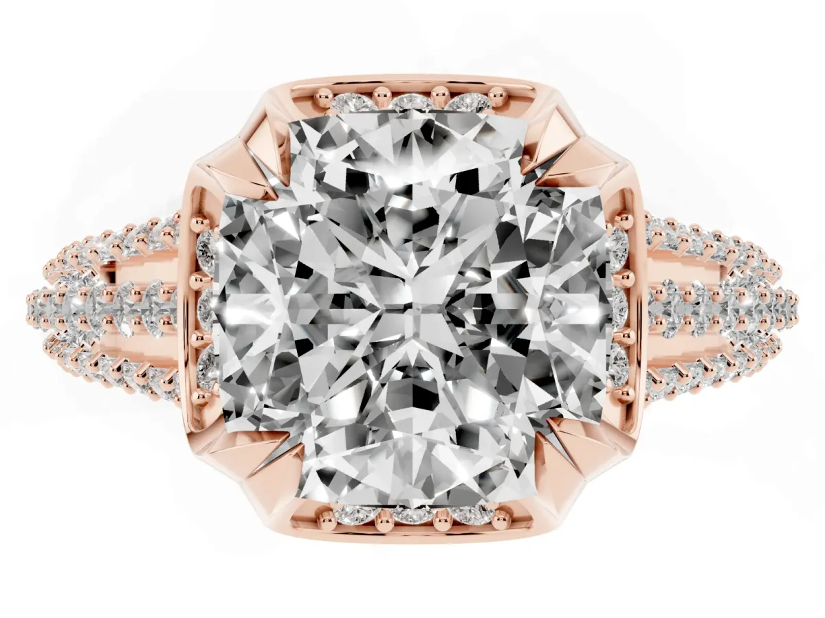 Cushion Cut Solitaire Pave Split Shank Ring with Four-Prong Setting Rose gold