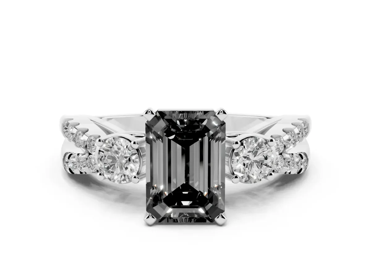 Fancy Black Emerald Cut Diamond Three-Stone Ring with Pavé Split Shank and Four-Prong Setting Platinum
