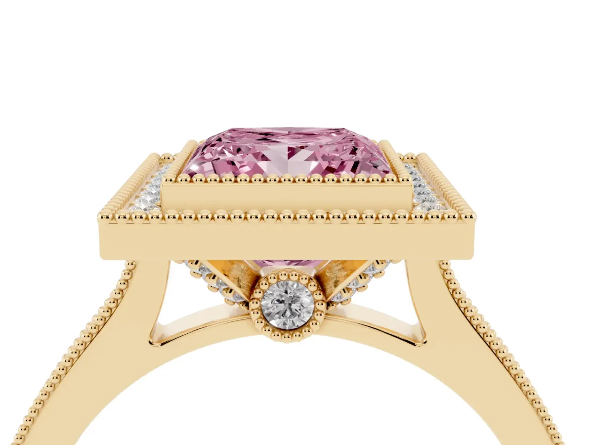 Fancy Pink Halo Princess Cut-Cut Diamond Pave Band Milgrain Prong Setting Ring Yellow gold