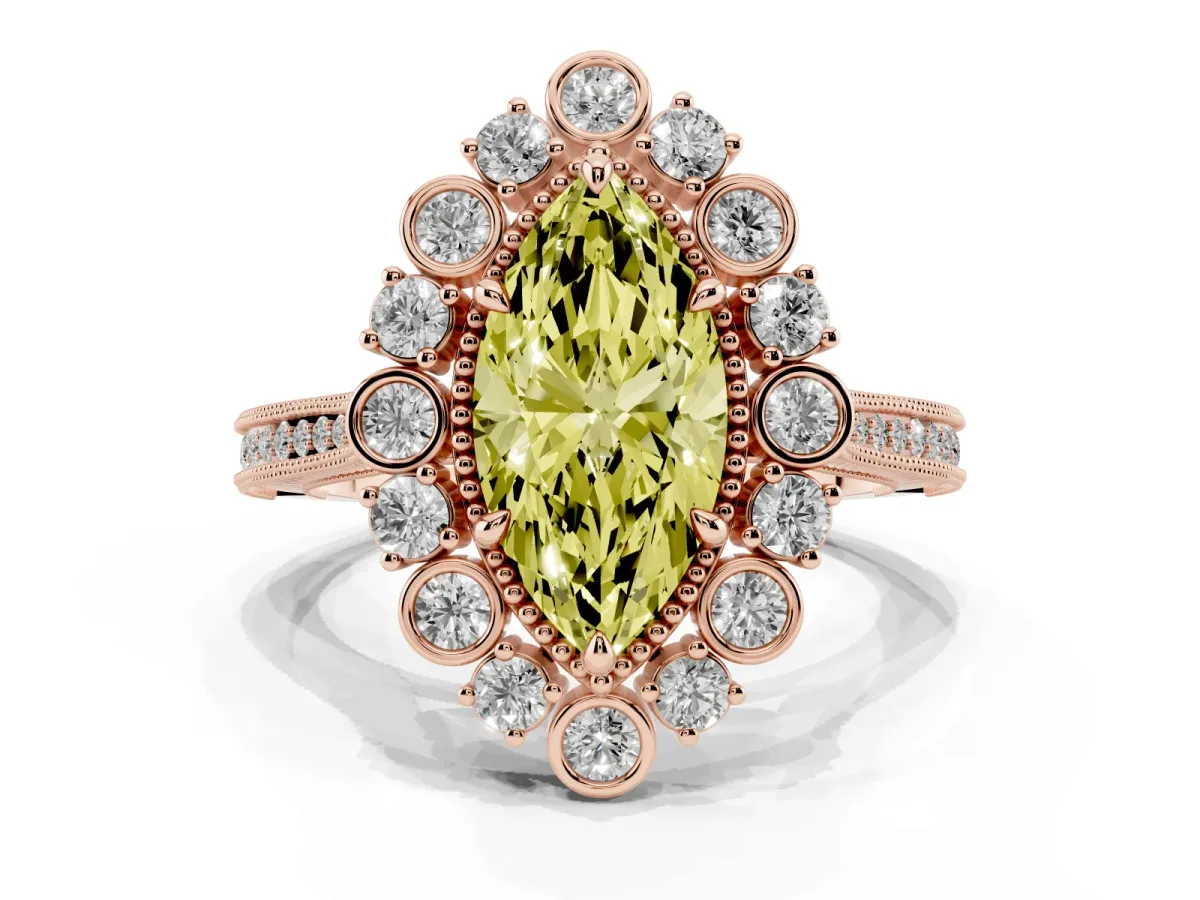 Fancy Yellow Marquise Cut Halo Milgrain Pave Diamond Ring with Four-Prong Setting Rose gold