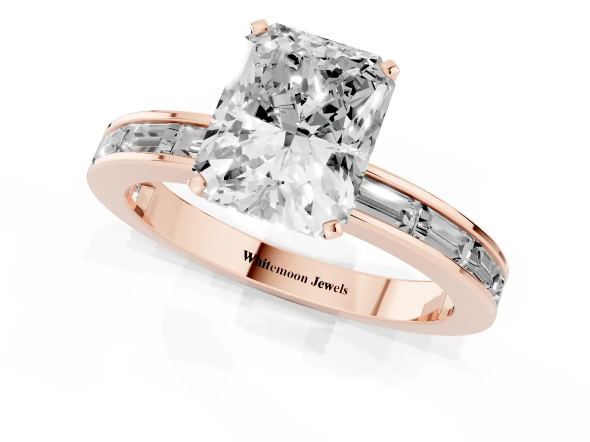 Radiant Cut Solitaire Diamond Ring with Channel-Set Baguette Band and Four-Prong Setting Rose gold