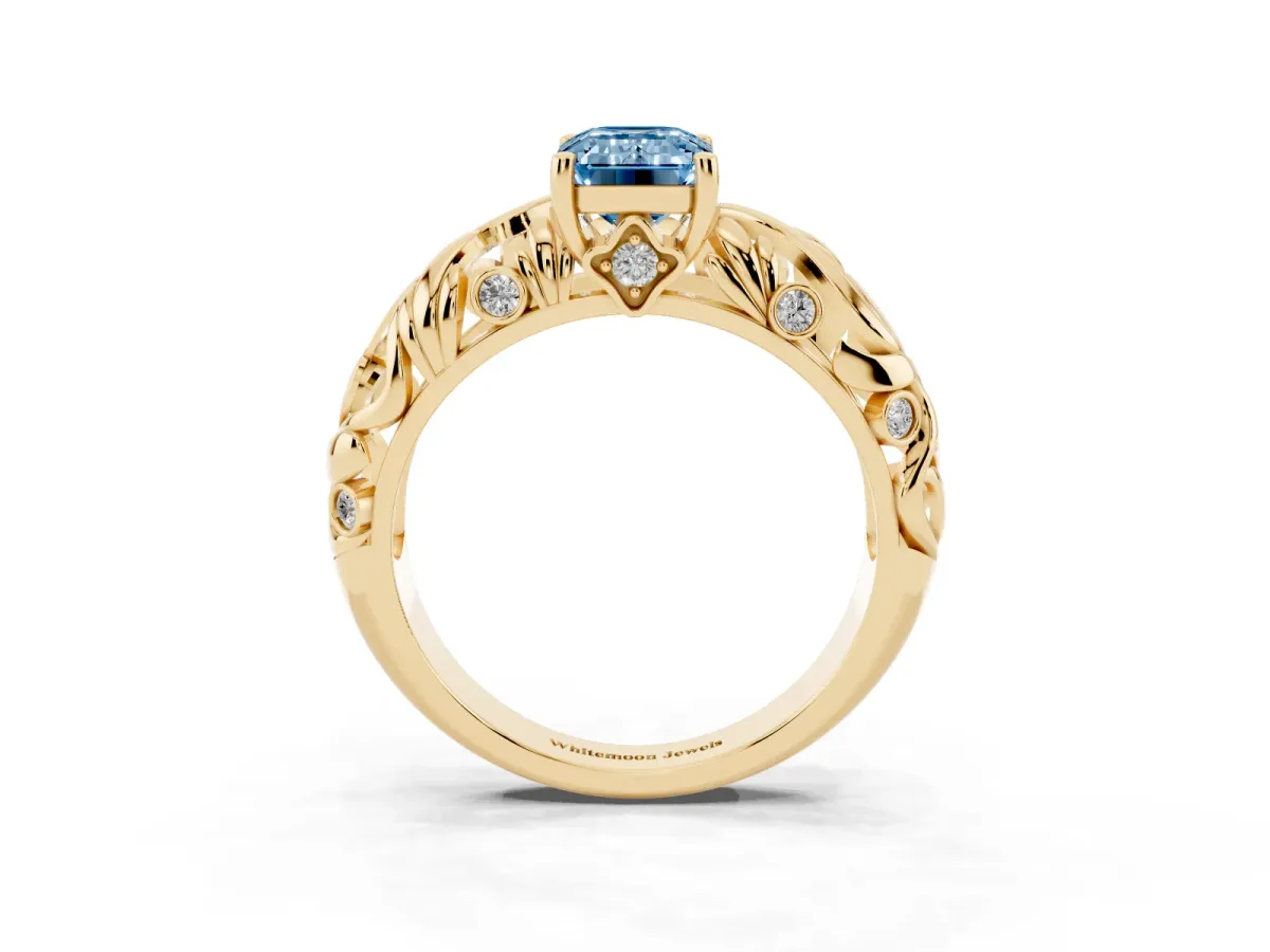 Fancy Blue Emerald Cut Solitaire Diamond Leaf-Inspired Vine Band Ring with Prong Setting Yellow gold