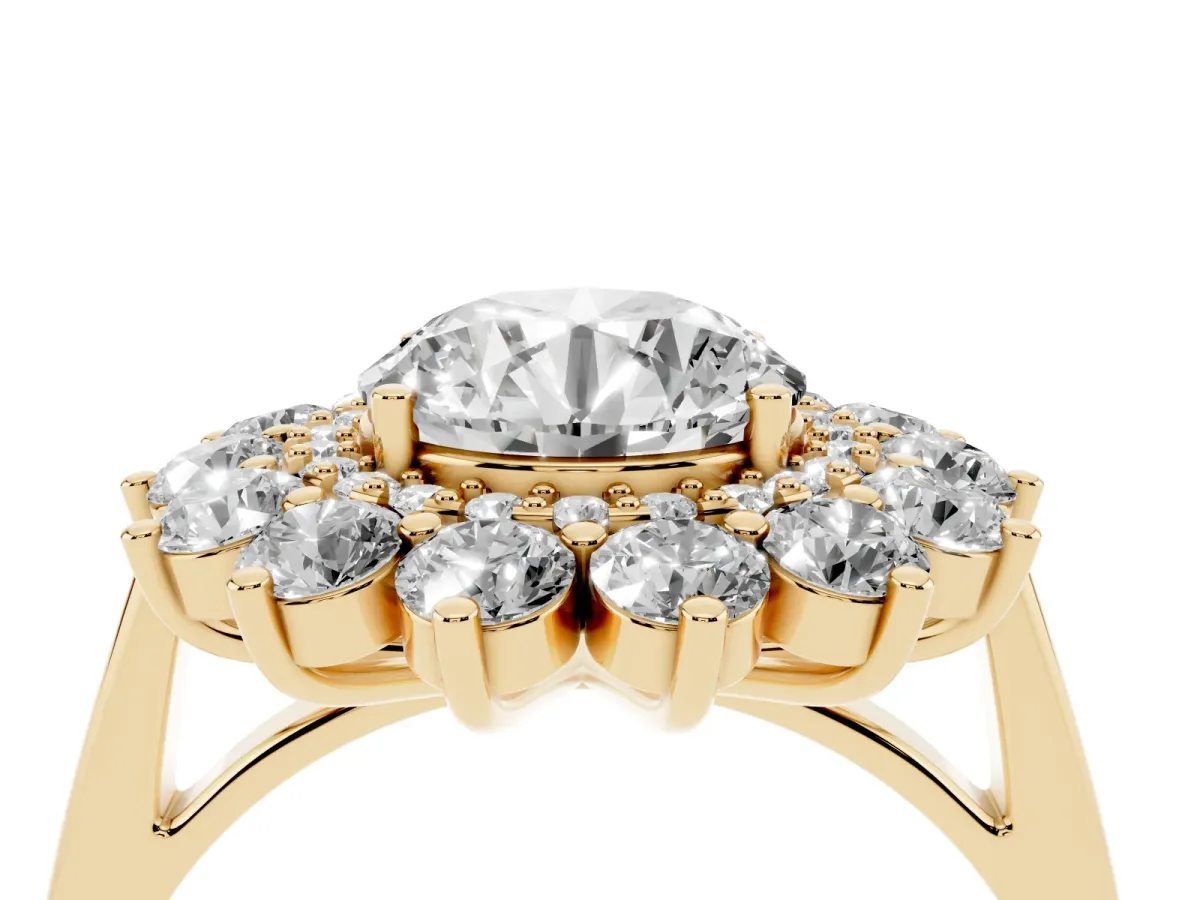 Round Cut Diamond Floral Double Halo Engagement Ring with Prong Setting Yellow gold