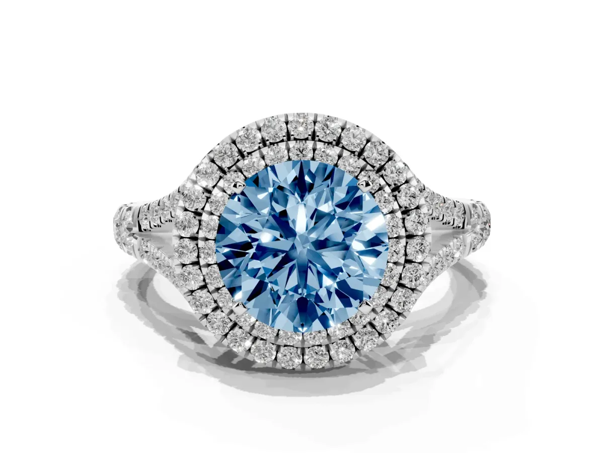 Fancy Blue Round Cut Diamond Double Halo Ring with Split Shank and Prong Setting White gold