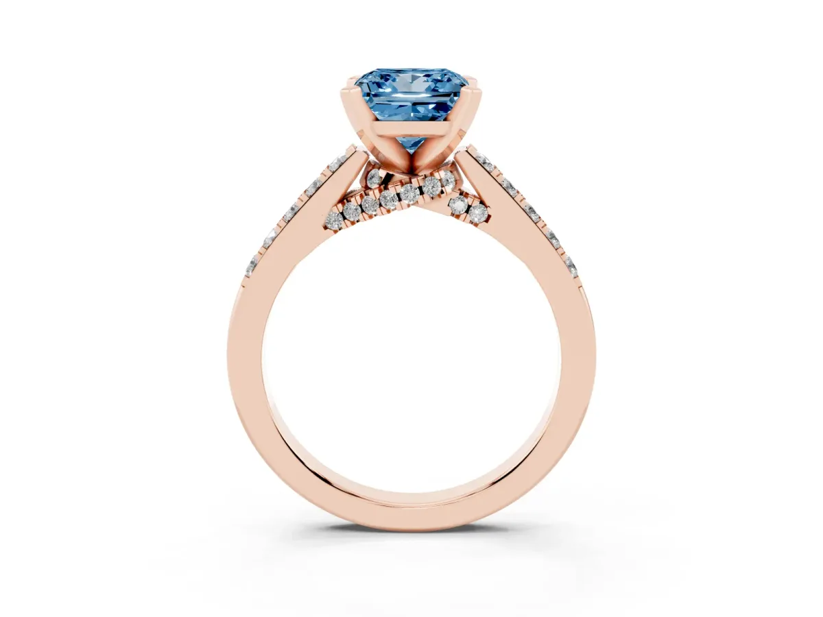 Fancy Blue Princess Cut Diamond Solitaire Ring with Crossover Gallery and Round Pavé Band Rose gold