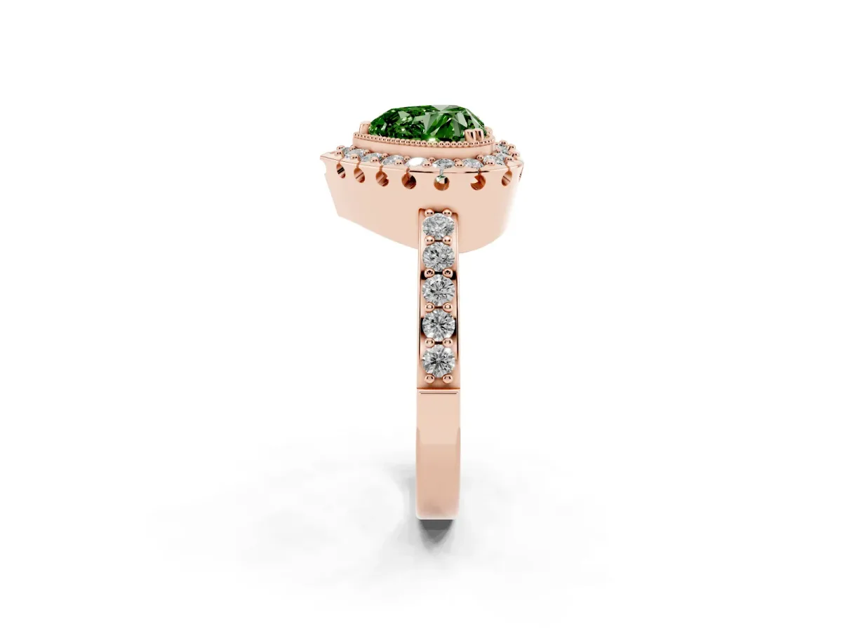 Fancy Green Heart Cut Diamond Halo Ring with Pavé Band and Prong Setting Rose gold