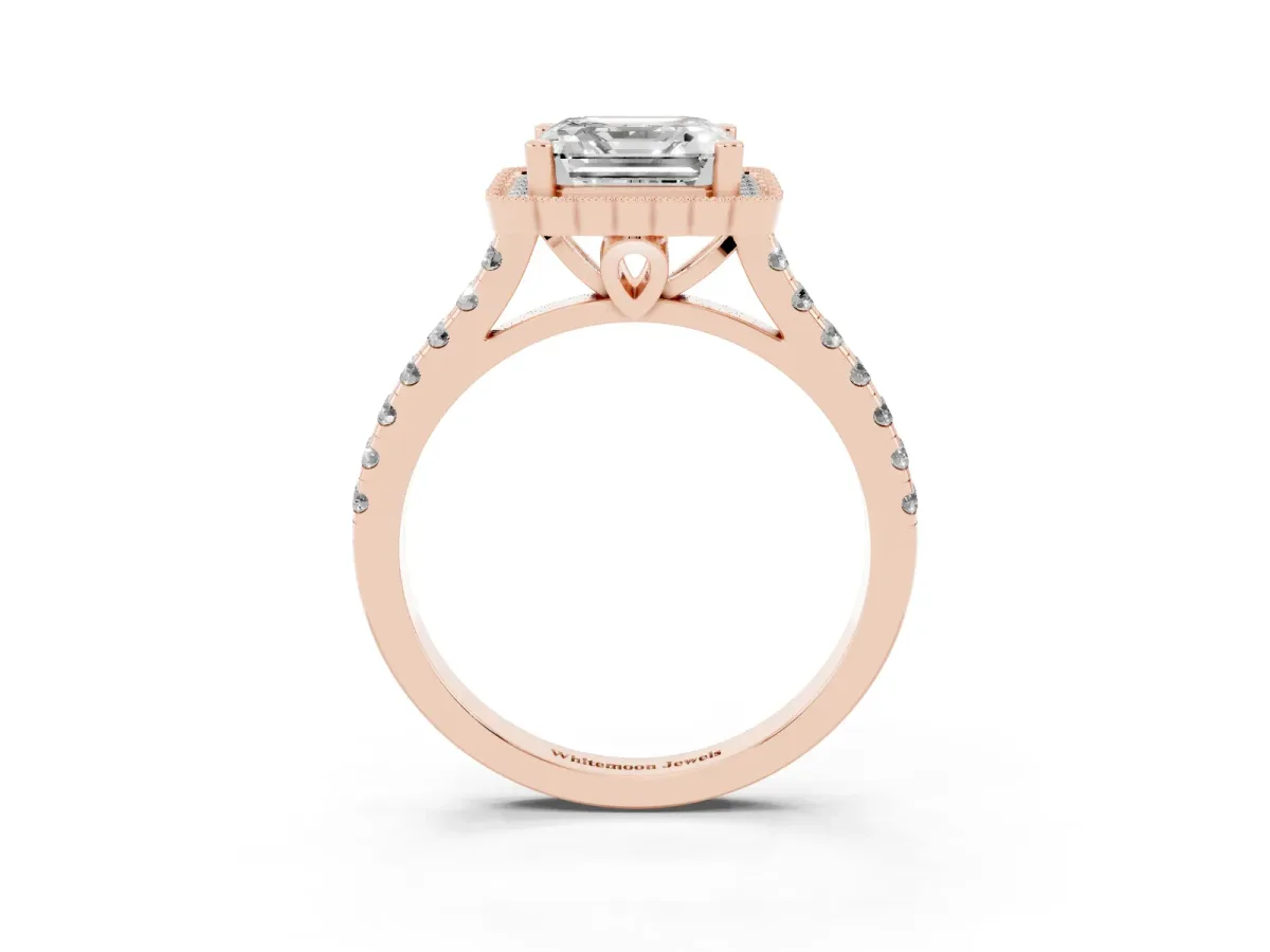 Asscher Cut Cut Diamond Milgrain Floral Halo Engagement Ring with Pavé Band Rose gold