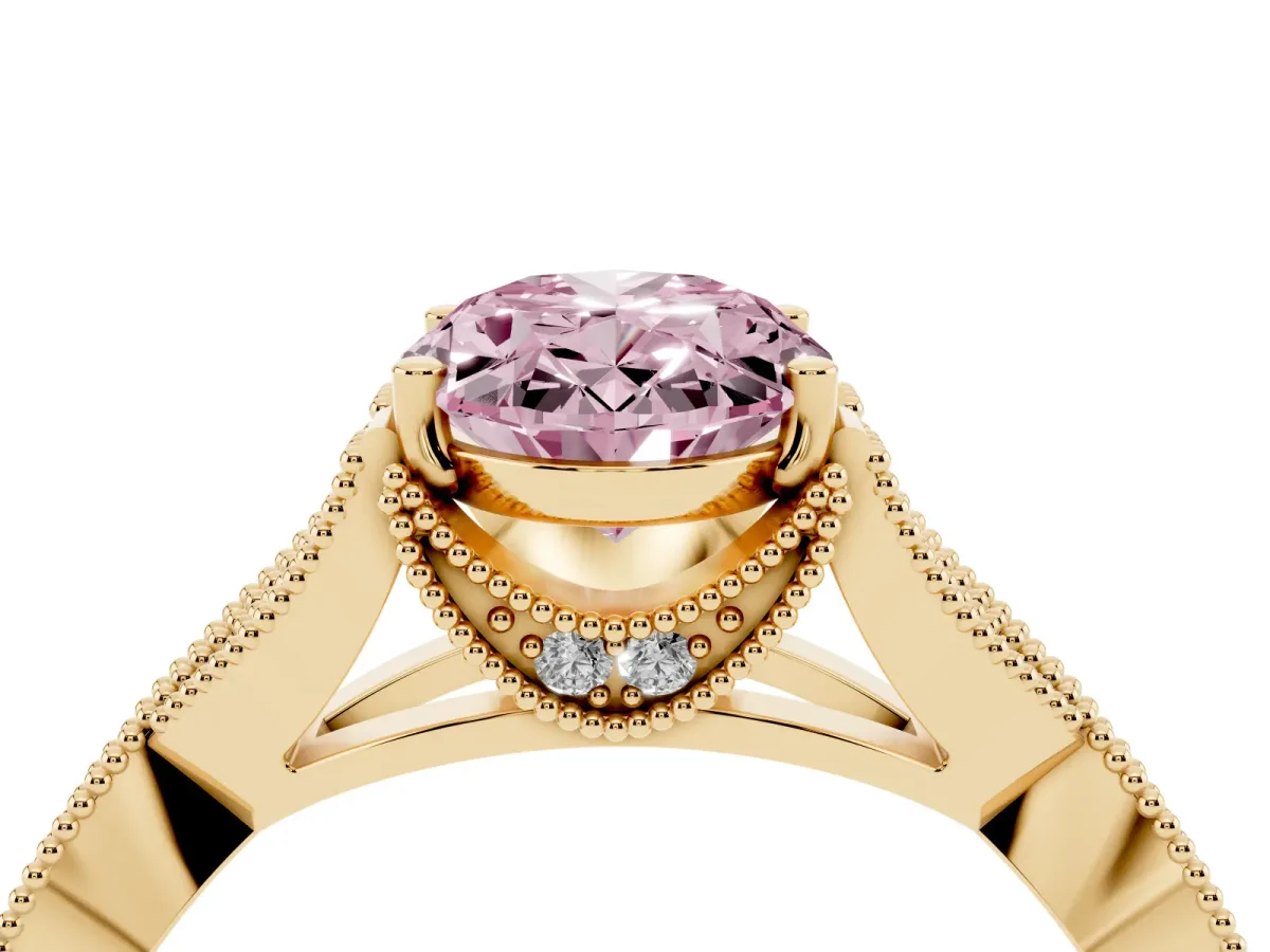 Fancy Pink Oval Cut Cut Diamond Twisted Band with Milgrain Pave Setting and Four-Prong Setting Yellow gold
