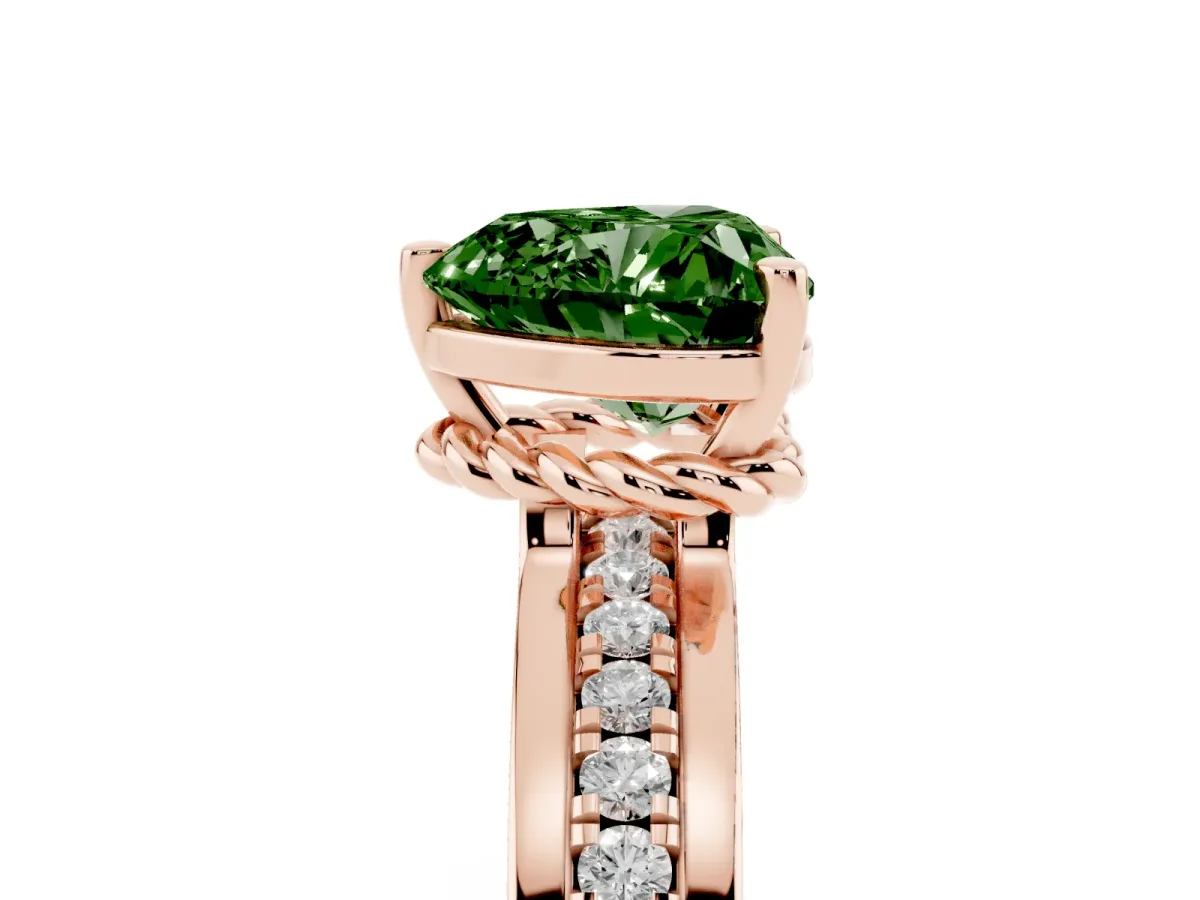 Fancy Green Heart Cut Solitaire Diamond Ring with Channel Set Band and Six-Prong Setting Rose gold