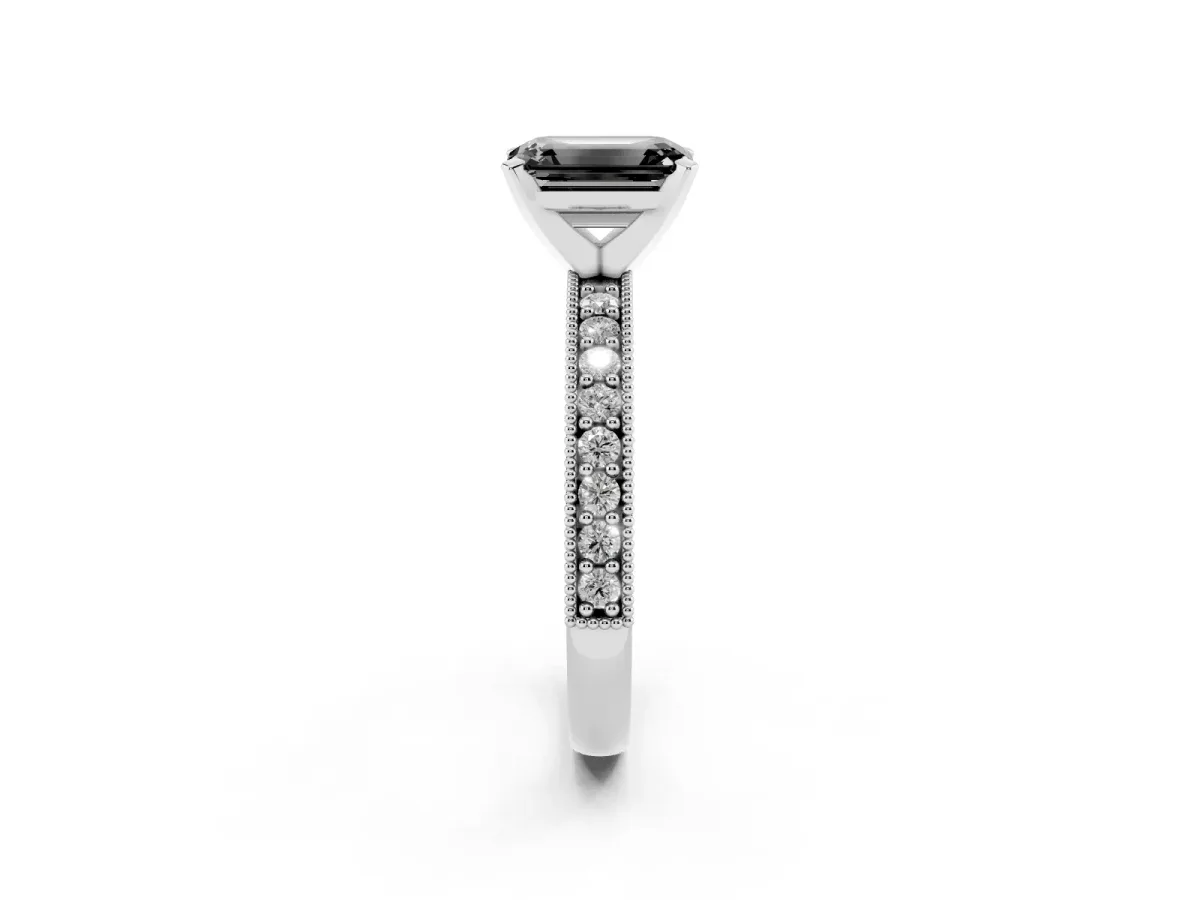Fancy Black Emerald Cut Diamond Milgrain Pavé Engagement Ring with Four-Prong Setting Silver