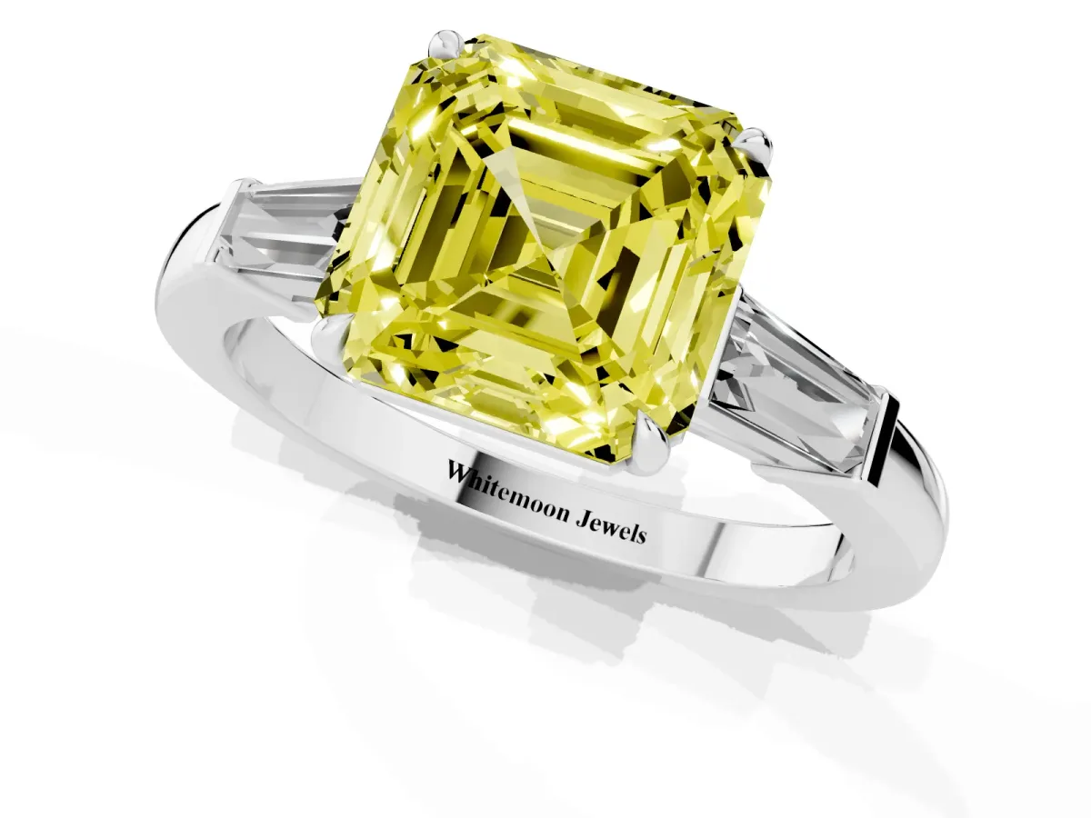 Fancy Yellow Asscher Cut Diamond Three-Stone Ring with Tapered Baguette Side Stones and Prong Setting Silver