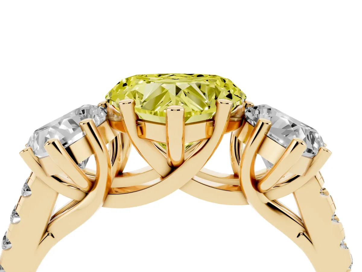 Fancy Yellow Three-Stone Heart Cut Diamond Ring with Round Pavé Band and Prong Setting Yellow gold
