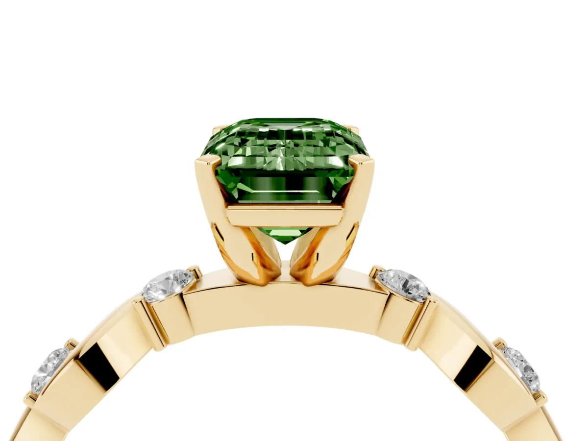 Fancy Green Emerald Cut Diamond Solitaire Twisted Band with Round Accents and Prong Setting Yellow gold