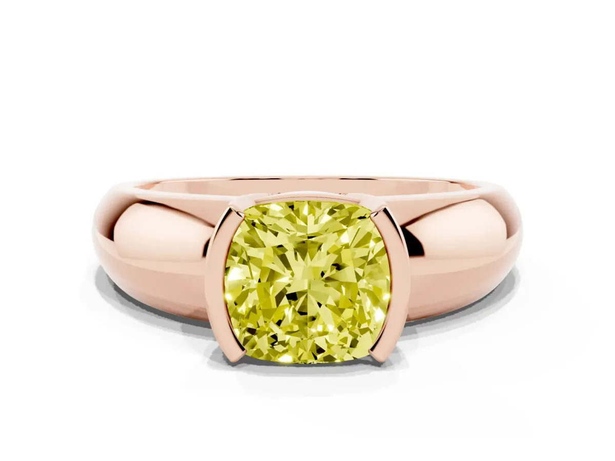 Fancy Yellow Cushion Cut Solitaire Tension Set Diamond Ring with Wide Band Rose gold