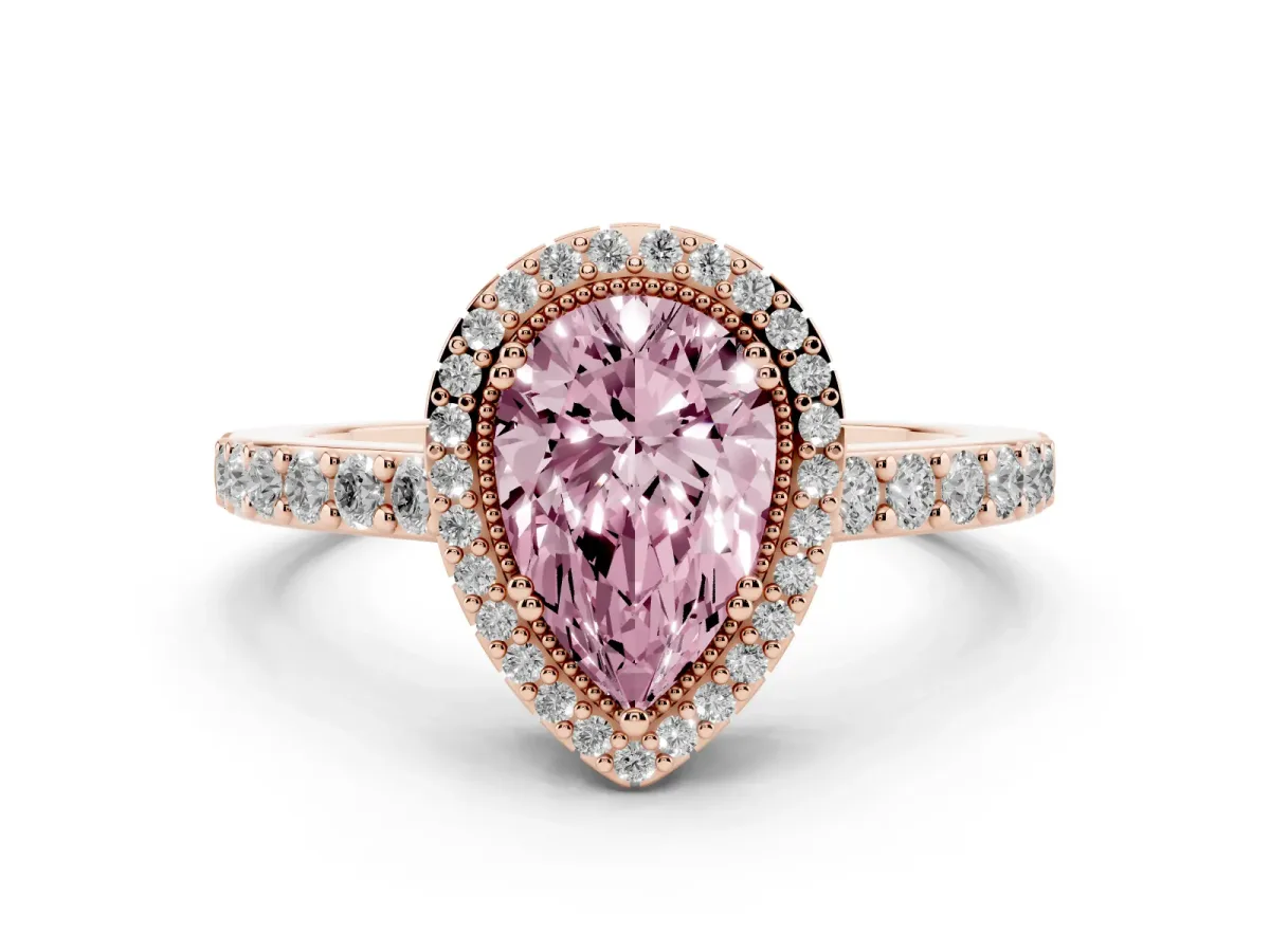 Fancy Pink Pear Cut Cut Diamond Halo Engagement Ring with Milgrain Detail and Pavé Band Rose gold