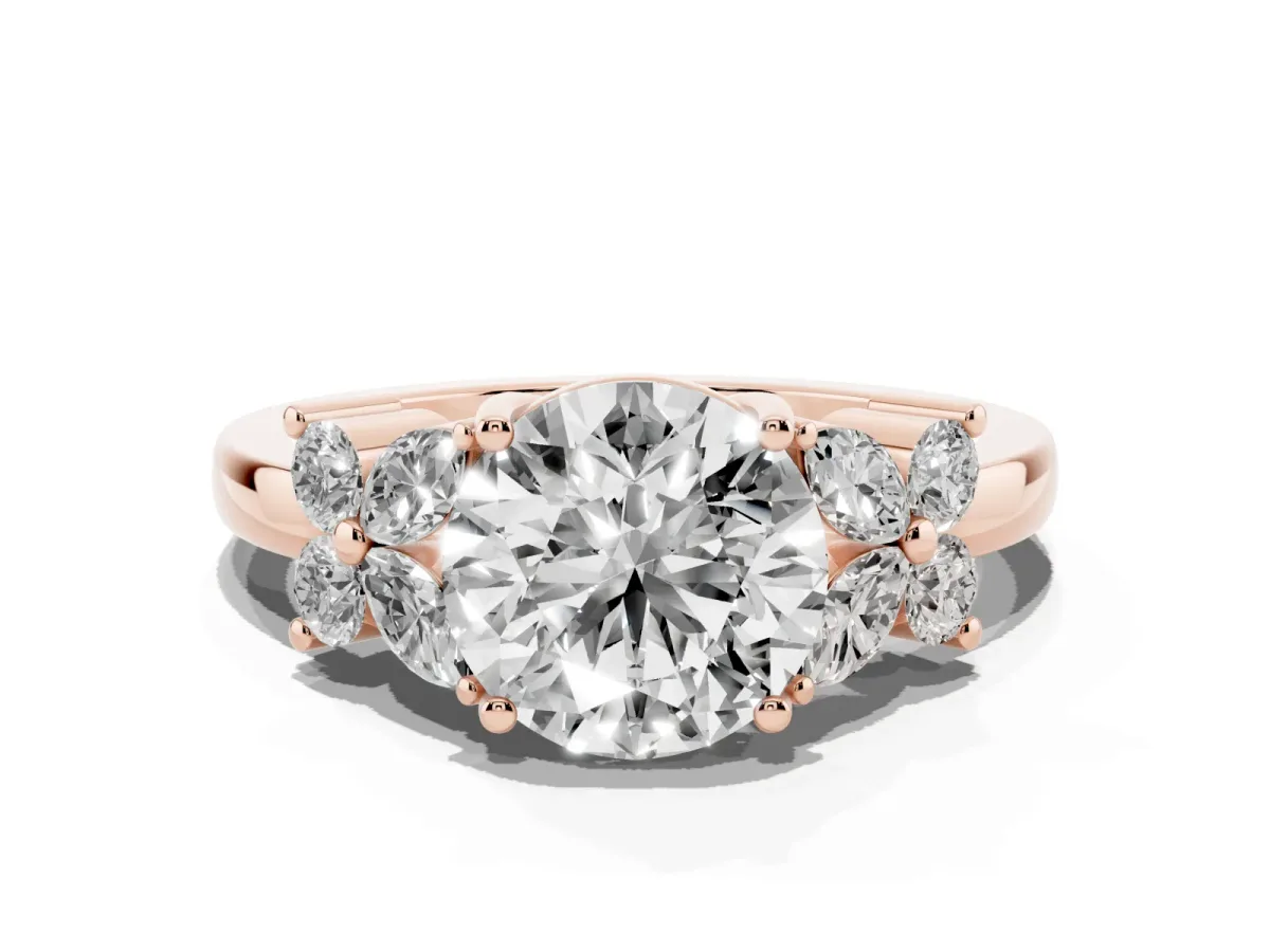 Round Cut Diamond Floral Cluster Ring with Solitaire Band and Prong Setting Rose gold