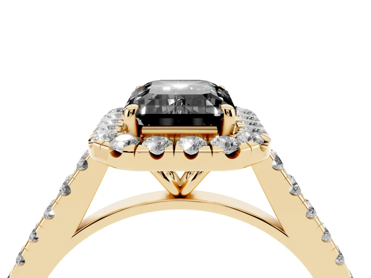 Fancy Black Emerald Cut Halo Pave Diamond Engagement Ring with Four-Prong Setting Yellow gold