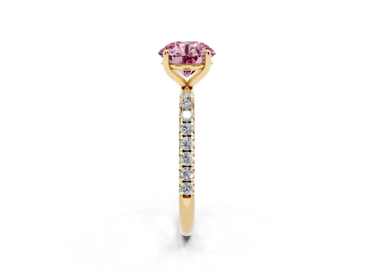 Fancy Pink Round Cut Cut Diamond Solitaire Ring with Micro Pave Band and Four Prong Setting Yellow gold