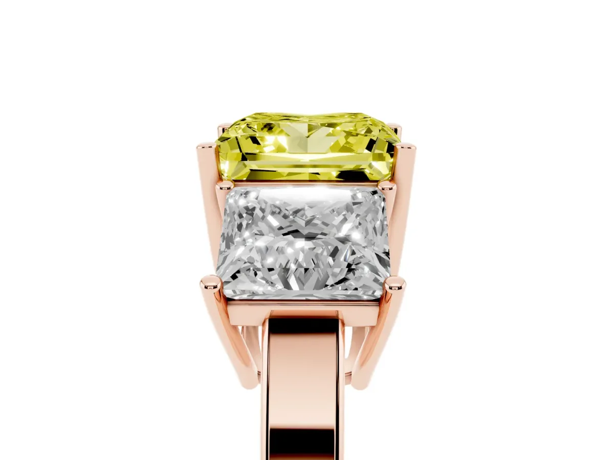 Fancy Yellow Three-Stone Princess Cut Cut Diamond Engagement Ring with Flat Band and Four-Prong Setting Rose gold