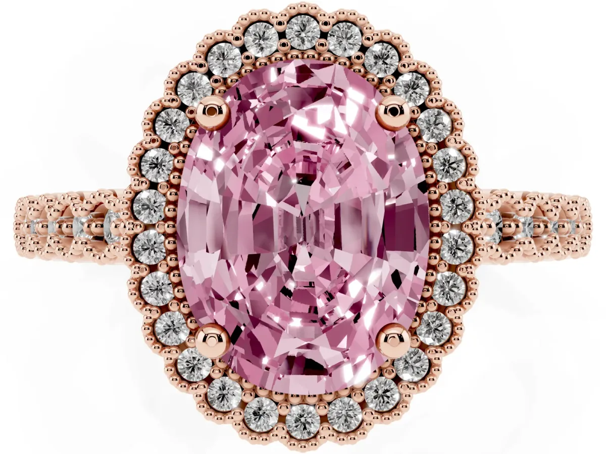 Fancy Pink Oval Cut Cut Halo Pavé Solitaire Ring with Milgrain Band Rose gold