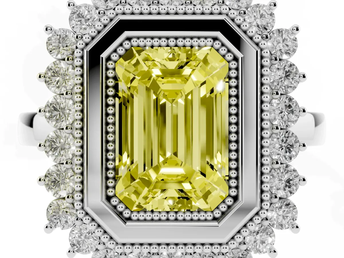 Fancy Yellow Emerald Cut Halo Diamond Ring with Milgrain Edge and Round Prong Setting Silver