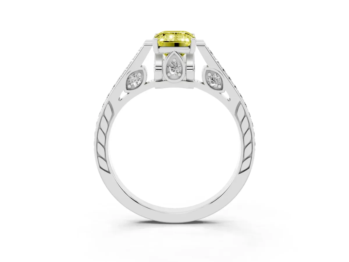 Fancy Yellow Emerald Cut Cut Cathedral Pave Diamond Engagement Ring with Six-Prong Setting Platinum