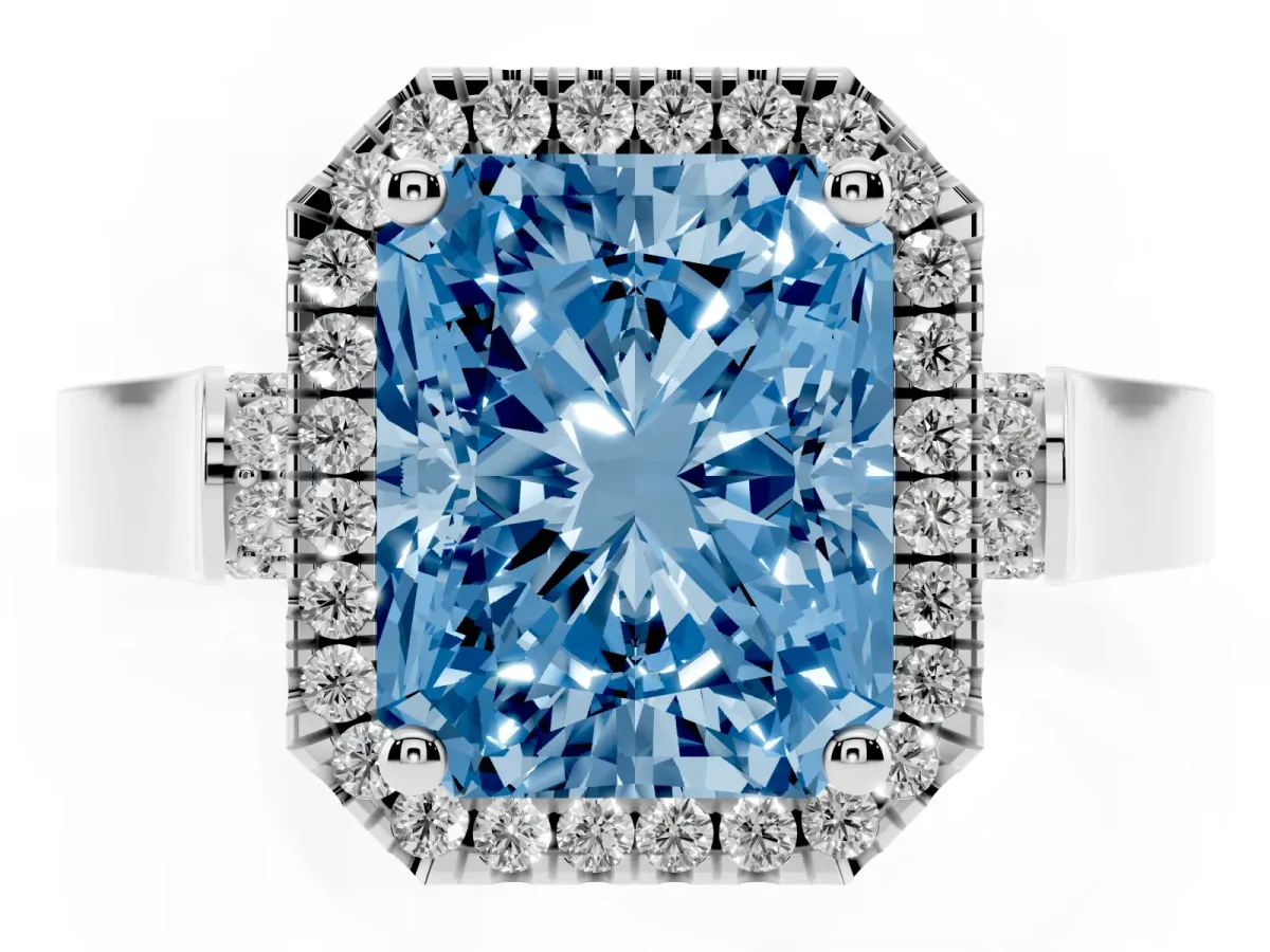 Fancy Blue Radiant Cut Halo Round Diamond Twist Band with Four-Prong Setting White gold