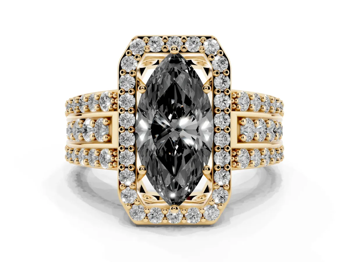 Fancy Black Marquise Cut Halo Diamond Ring with Round Split Shank and Prong Setting Yellow gold
