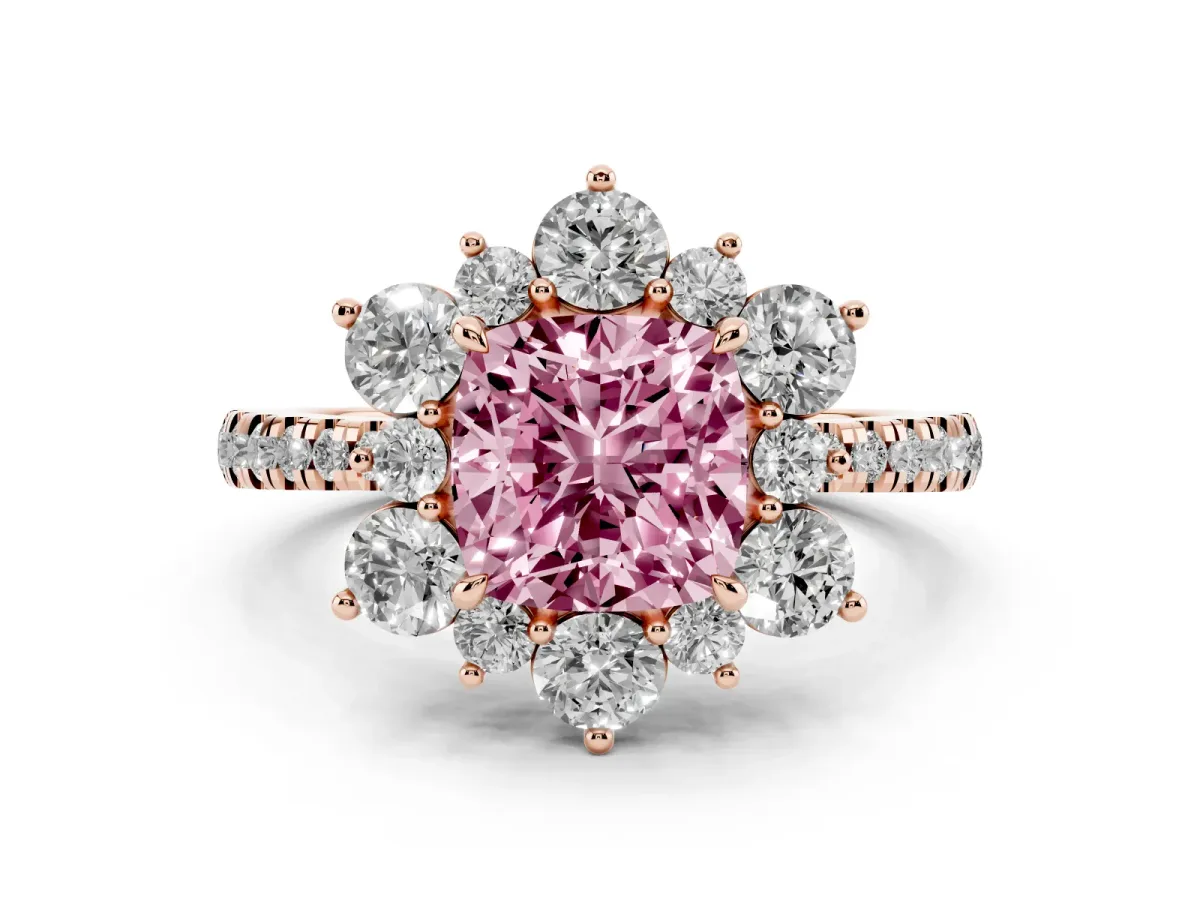 Fancy Pink Cushion Cut Diamond Floral Halo Ring with Round Pavé Band and Prong Setting Rose gold