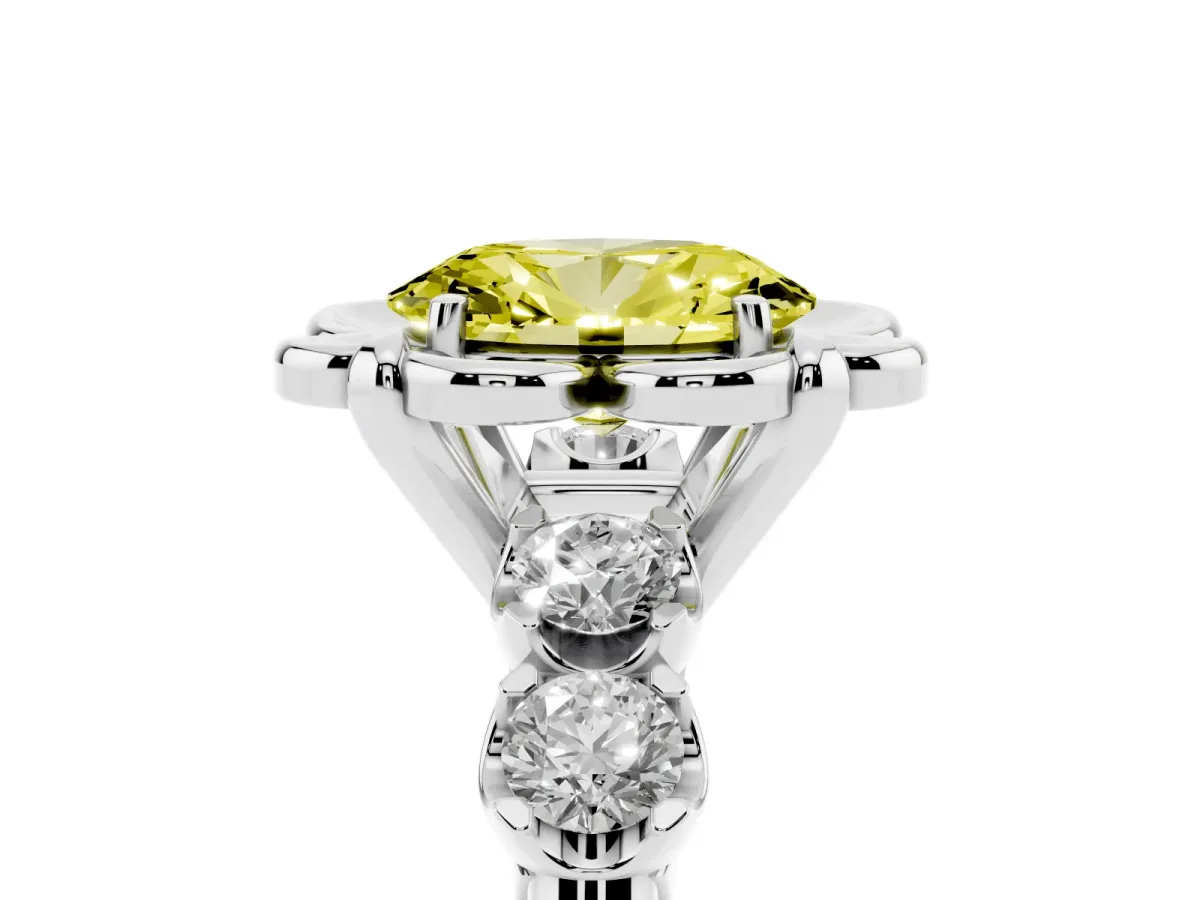Fancy Yellow Oval Cut Cut Diamond Floral Halo Engagement Ring with Shared Prong Setting Silver
