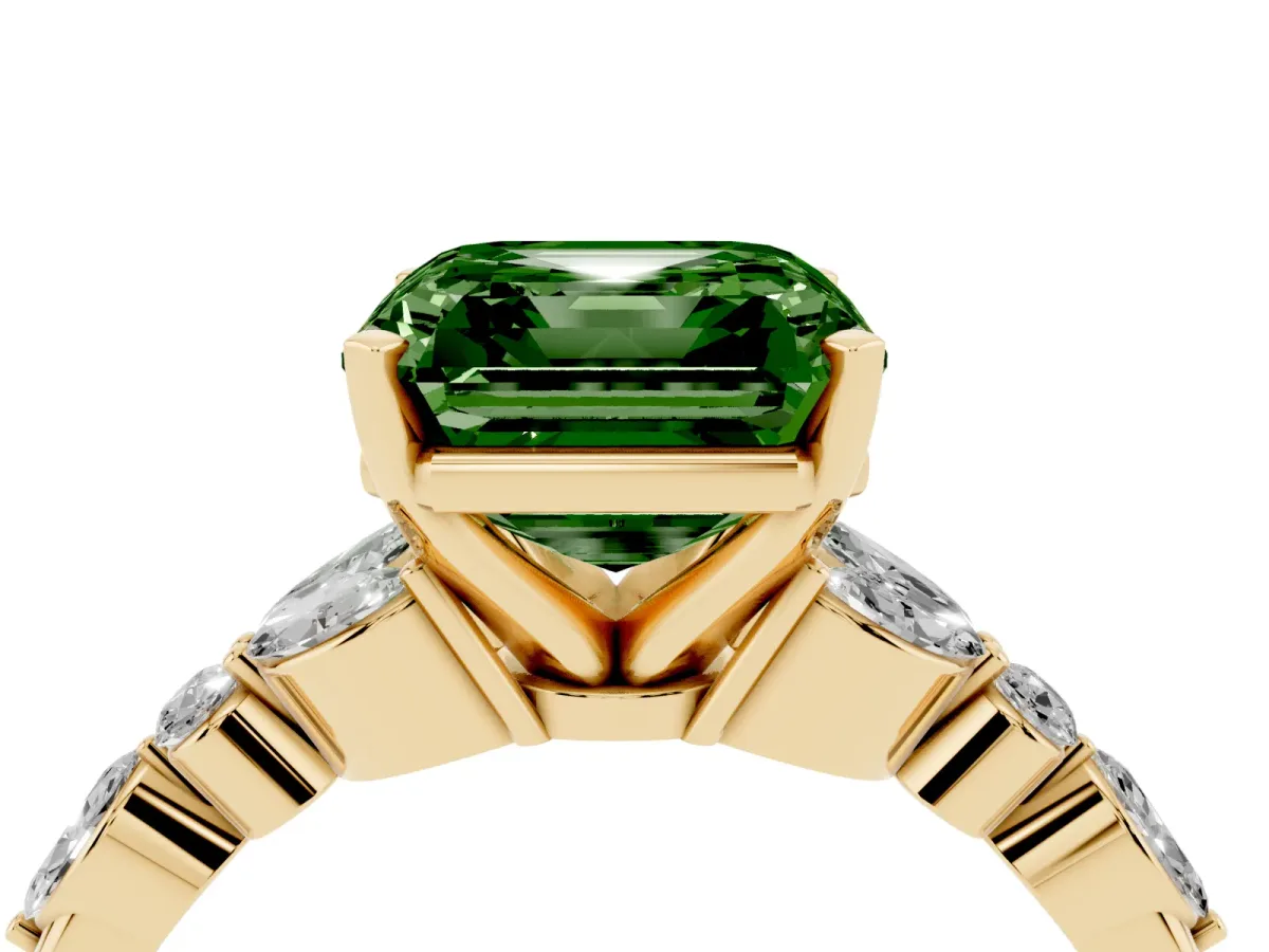 Fancy Green Asscher Cut Diamond Solitaire Ring with Side Stones and Four-Prong Setting Yellow gold