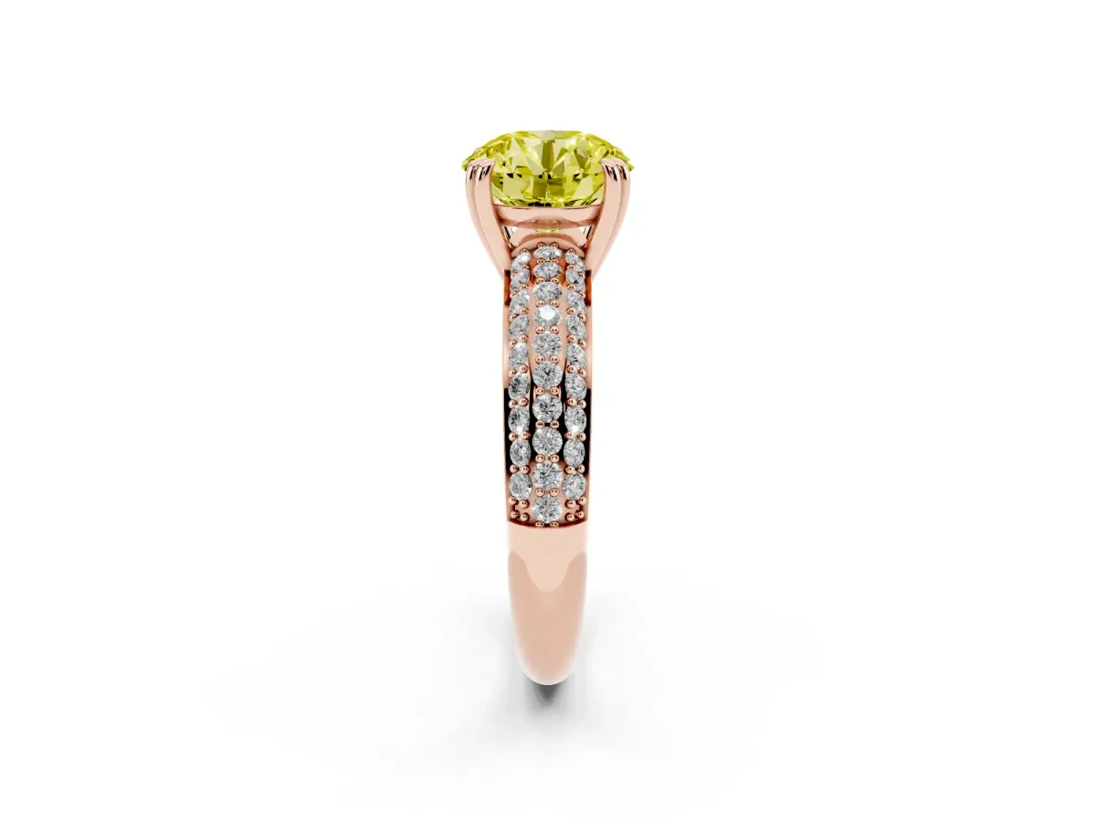Fancy Yellow Round Cut Diamond Solitaire Ring with Multi-Row Round Pavé Band and Prong Setting Rose gold
