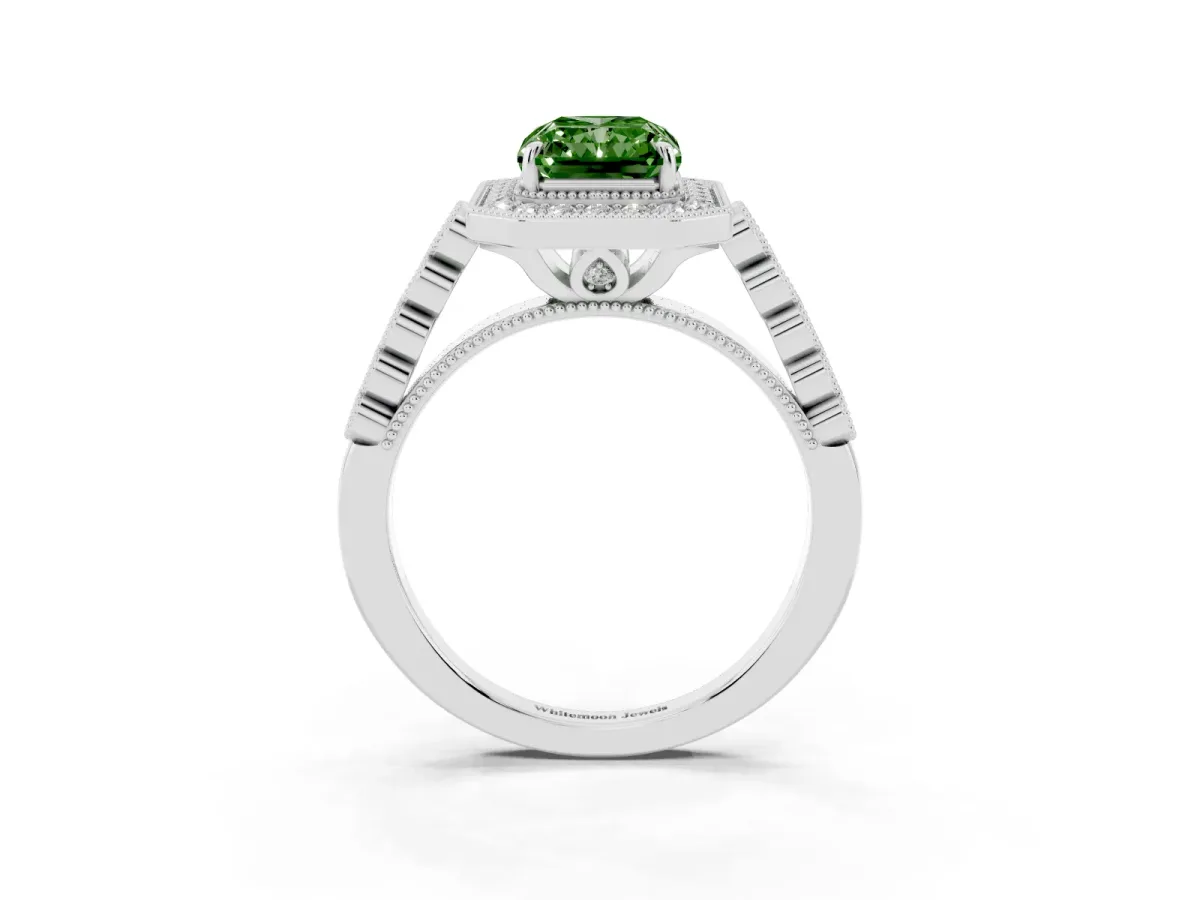 Fancy Green Radiant Cut Halo Milgrain Solitaire with Bezel Set Side Stones and Pave Band Silver